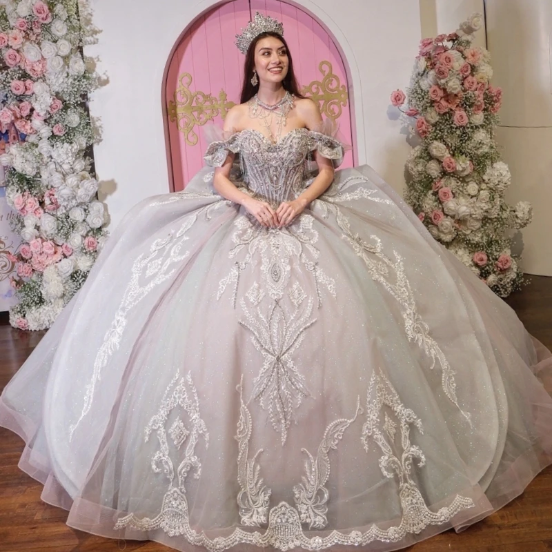 

White Shiny Quinceanera Dresses Off The Shoulder Applique Lace Beading Crystal Bow Pink Lining Corset Party Birthday Sweet 16