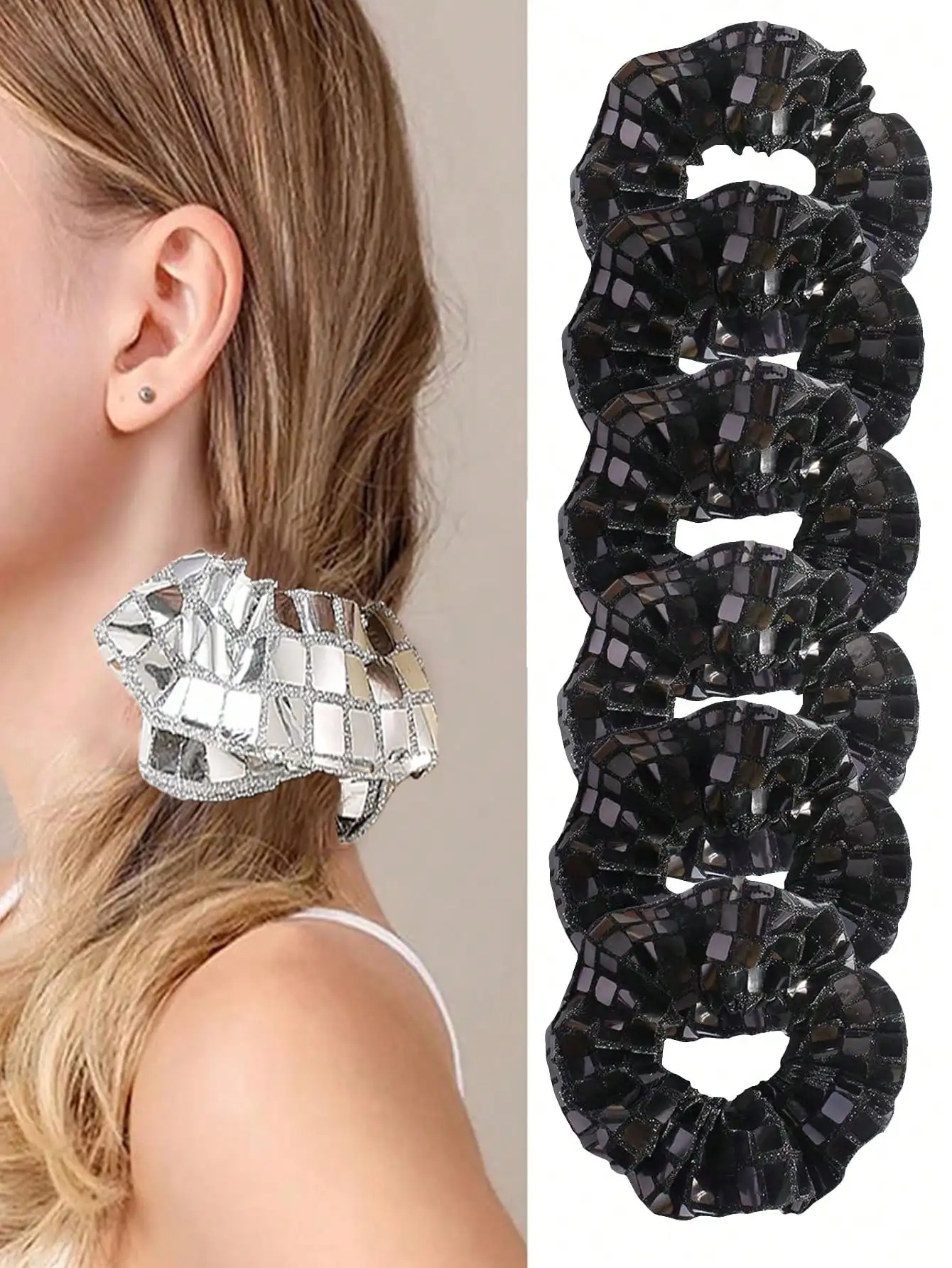 Black Disco Ball Sequin Hair Ties Set of 1-4-8 Vintage 70s 80s 90s Disco Party Bridal Shower Bachelor Party Birthday Wedding Gif view 3