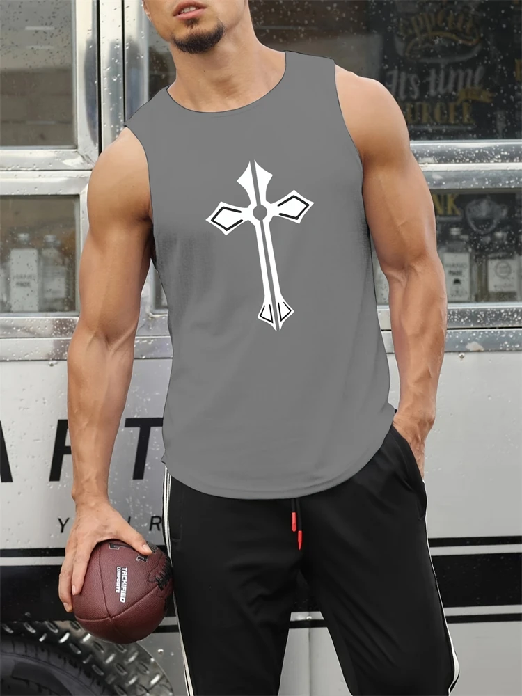 New Summer Fitness Tank Top Men's Quick-Dry Workout Wear Sports Bra Cross Print Tank Top Men's Basketball Sleeveless Shirt