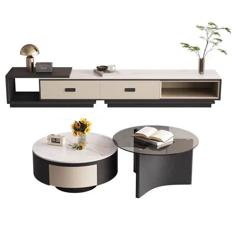 Coffee table household living room TV cabinet modern simple round glass rock slab combination locker