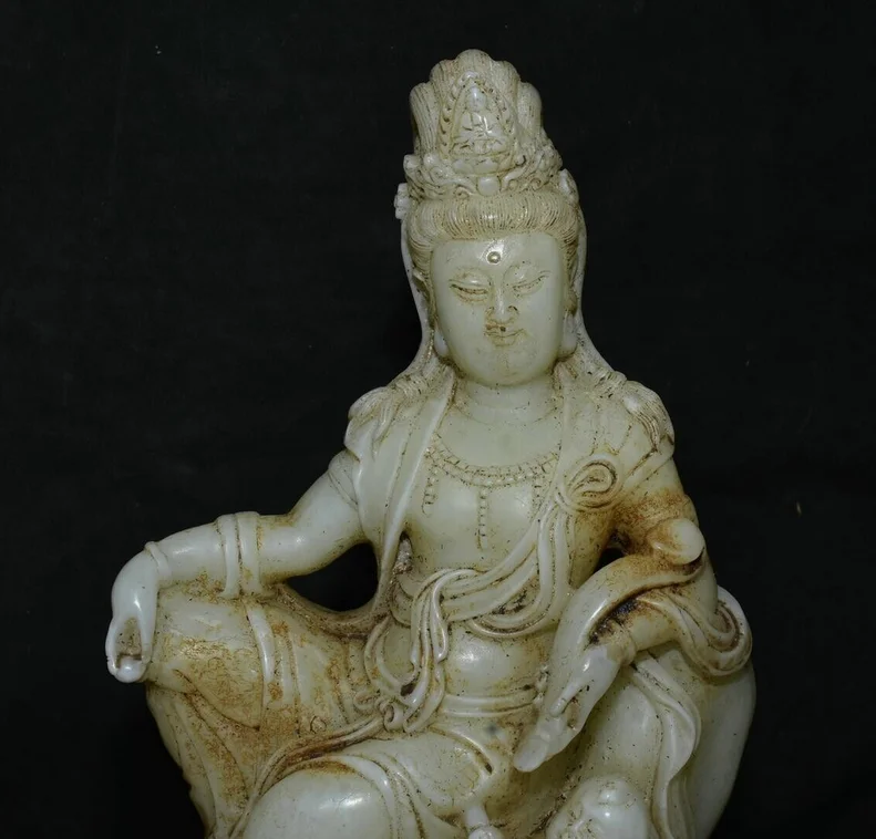 10.4” Old Chinese White Jade Carving Kwan-yin Guan Yin Goddess Tongzi Statue