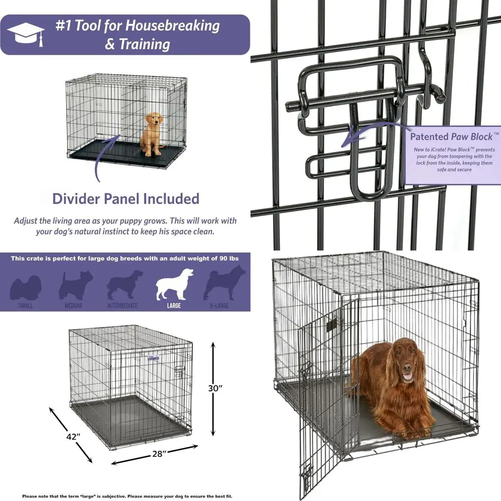 

42-Inch Folding Dog Crate for Large Dogs 71-90 lbs, Single Door with Divider, Leak-Proof Tray, Secure & Portable