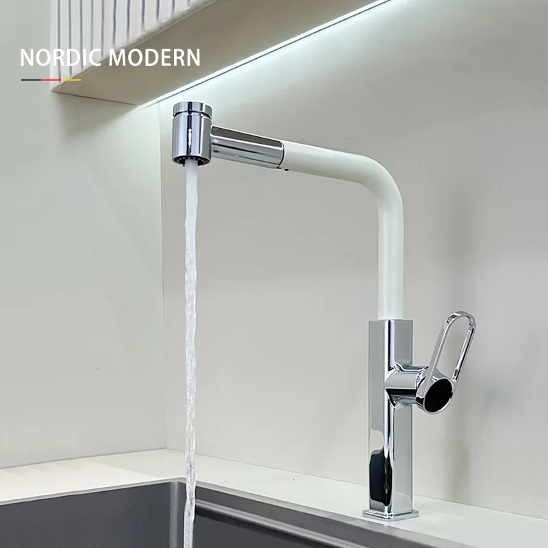 Solid Brass Two-Tone Pull-Out Hot/Cold Water Faucet Milky White Kitchen Sink Vegetable Washing Basin Splash-Proof Faucet