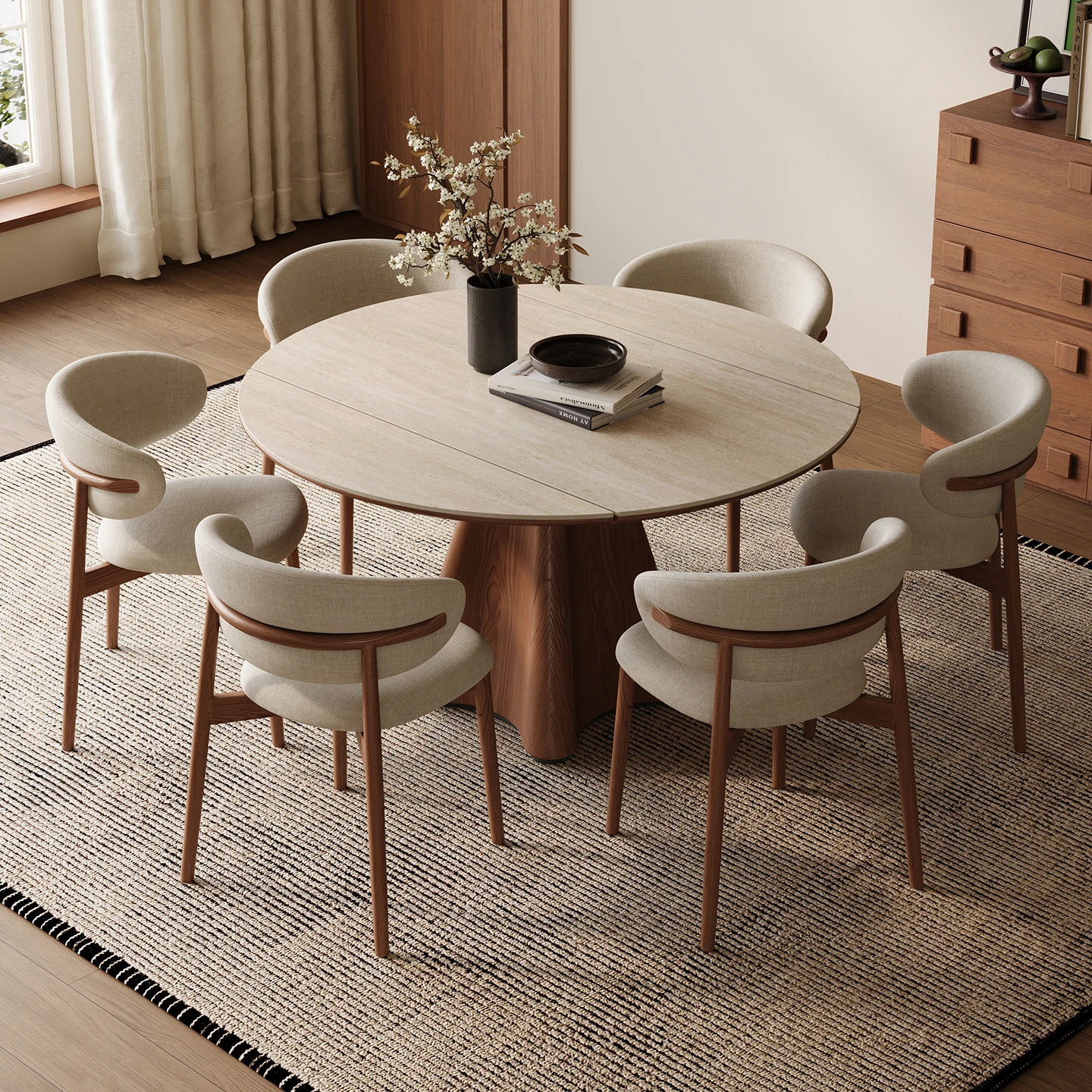 Travertine rock slab solid wood retractable dining table round household small apartment variable