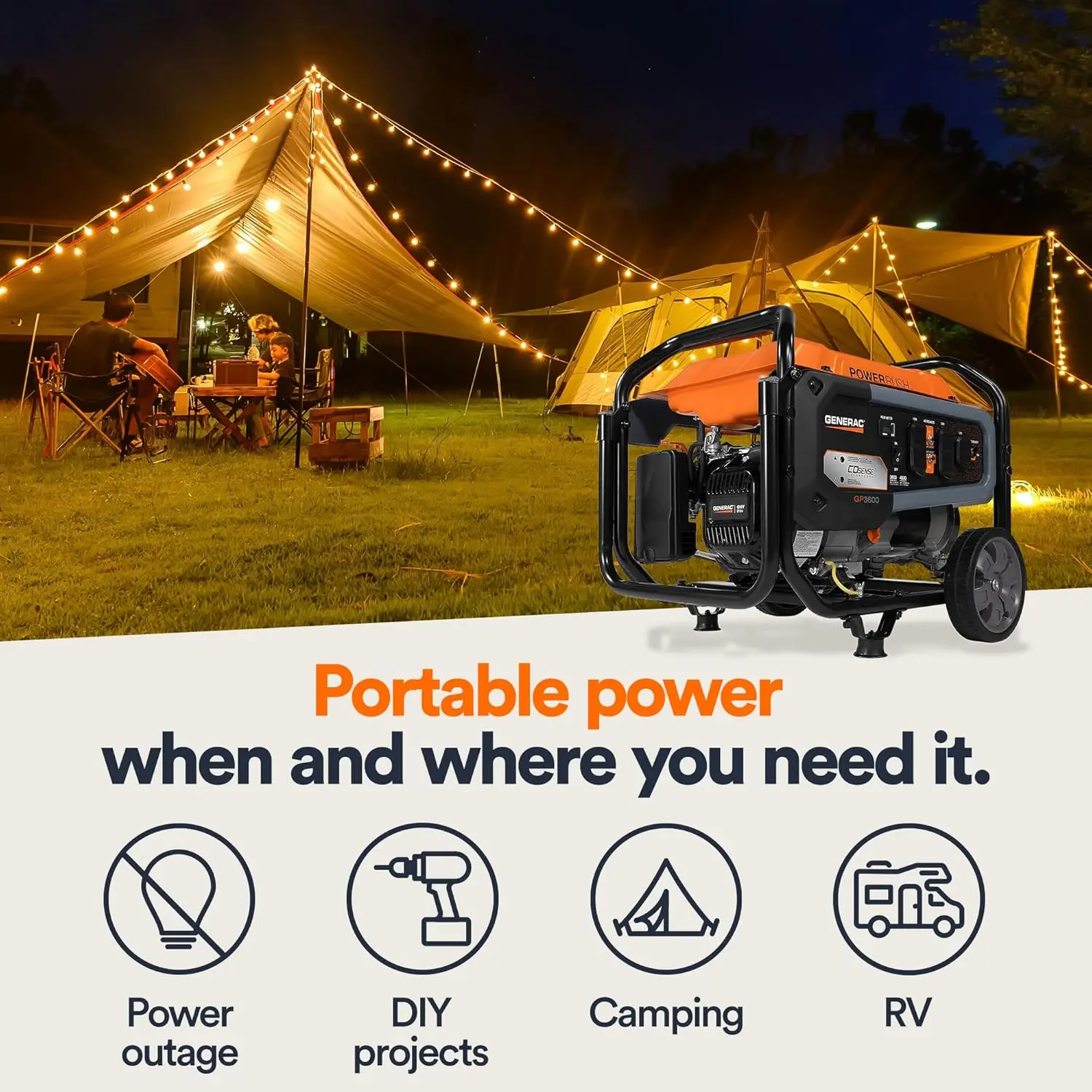 7722 GP3600 3,600-Watt Portable Generator with COSENSE® Technology Orange/Black Smart and Reliable