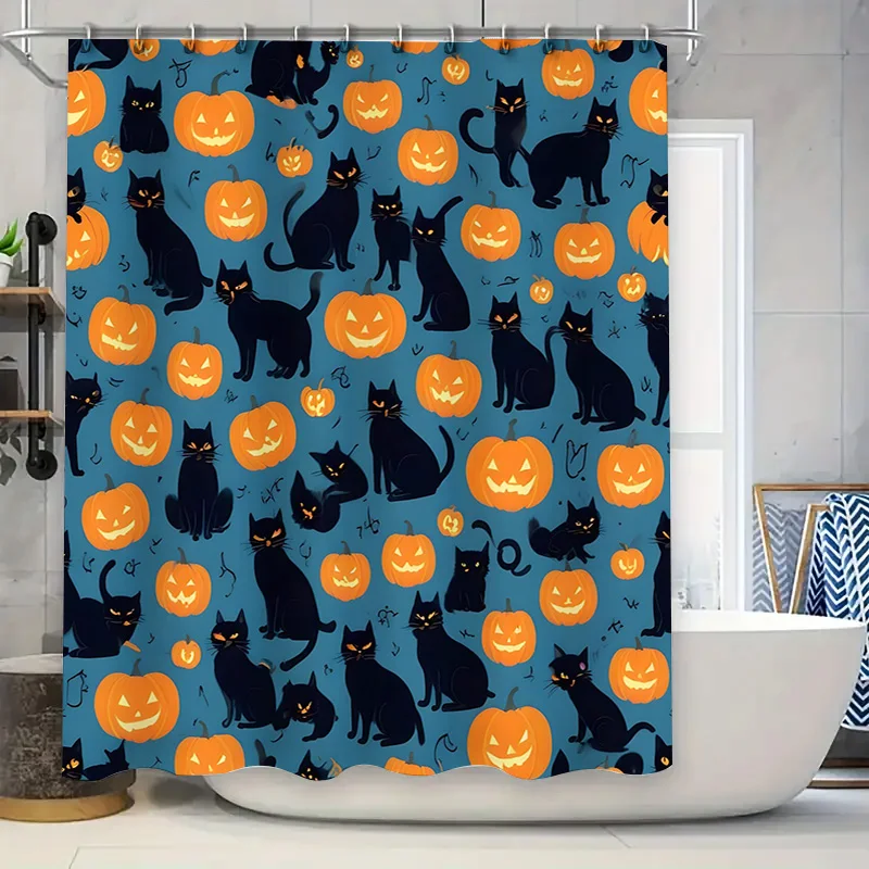 

Halloween-themed shower curtain featuring black cats and jack-o'-lanterns on a blue background decorative fabric bathroom access