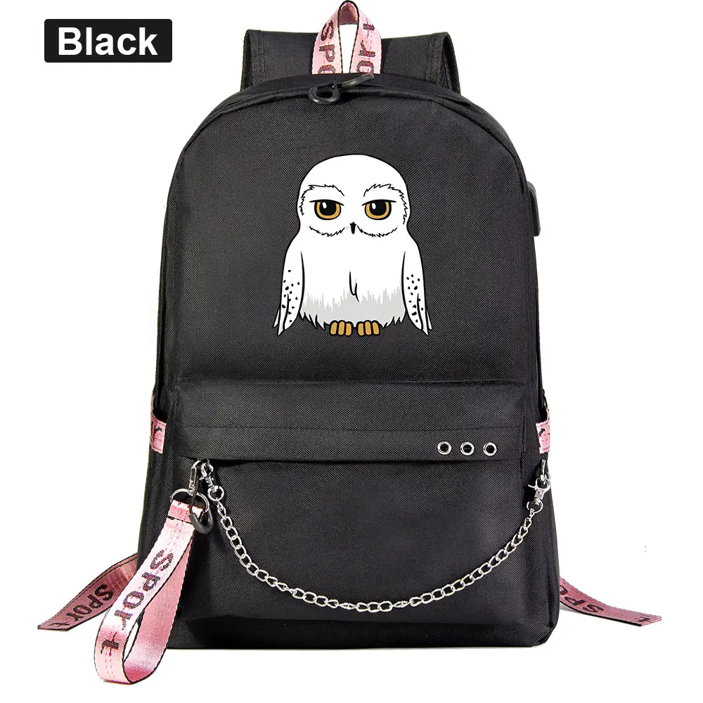 

New Kawaii Owl Prints Boys Girls Kids School bag Women USB Chain Backpack Canvas Men Bagpack Packsack Bookbag