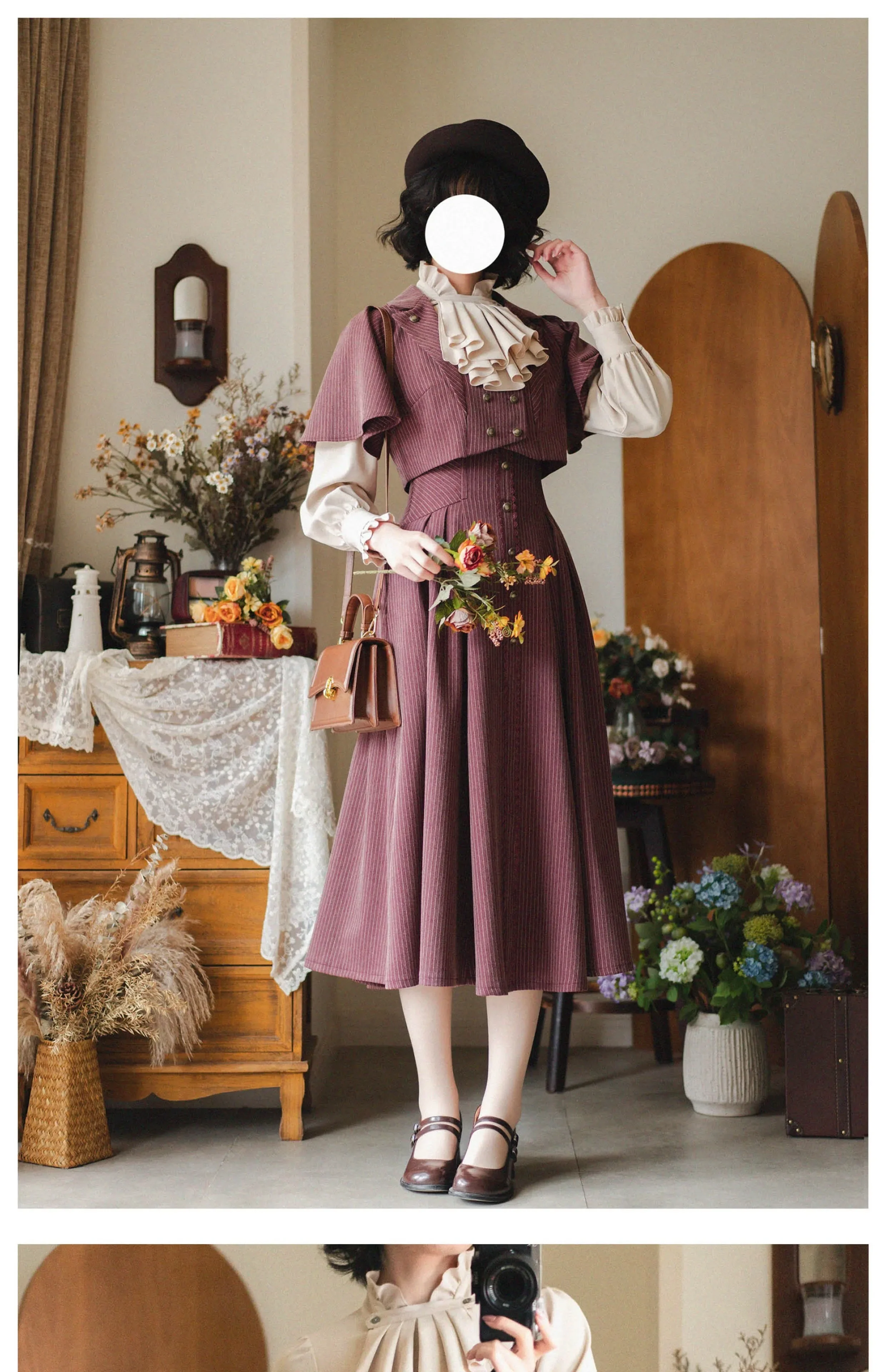 2026 ربيع جديد المرأة الوقوف طوق كم طويل قميص صغير معطف الرأس أنيقة الكلاسيكية تنورة طويلة الأصلي الرجعية تنورة مجموعة #2