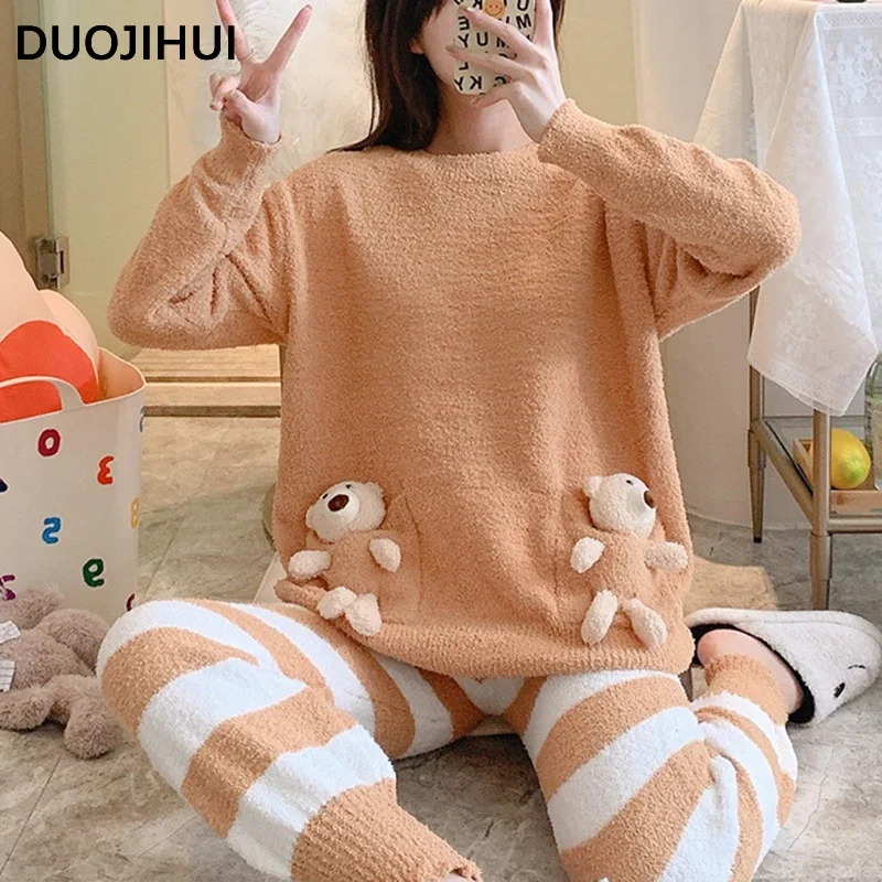 DUOJIHUI Classic Two Piece Sweet Casual Home Pajamas for Women Simple O-neck Pullover Basic Stripe Pant Loose Female Pajamas Set