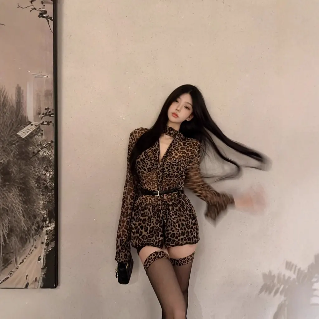 

Женская шифоновая блузка с леопардовым принтом и v-образным вырезом, длинными рукавами, элегантный свободный солнцезащитный топ в зрелом стиле на осень