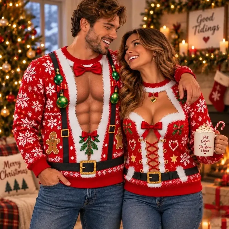 Funny Couple Christmas Ugly Sweatshirt 3D Body Print Holiday Party Outfit Christmas Gift Men Women Xmas Crewneck Pullover Gift