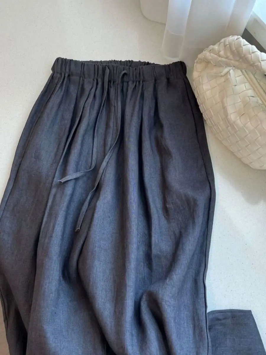 Japonês sle tamanho pequeno linho calças de perna larga feminino verão drapeado preguiçoso casual algodão linho calças de perna reta