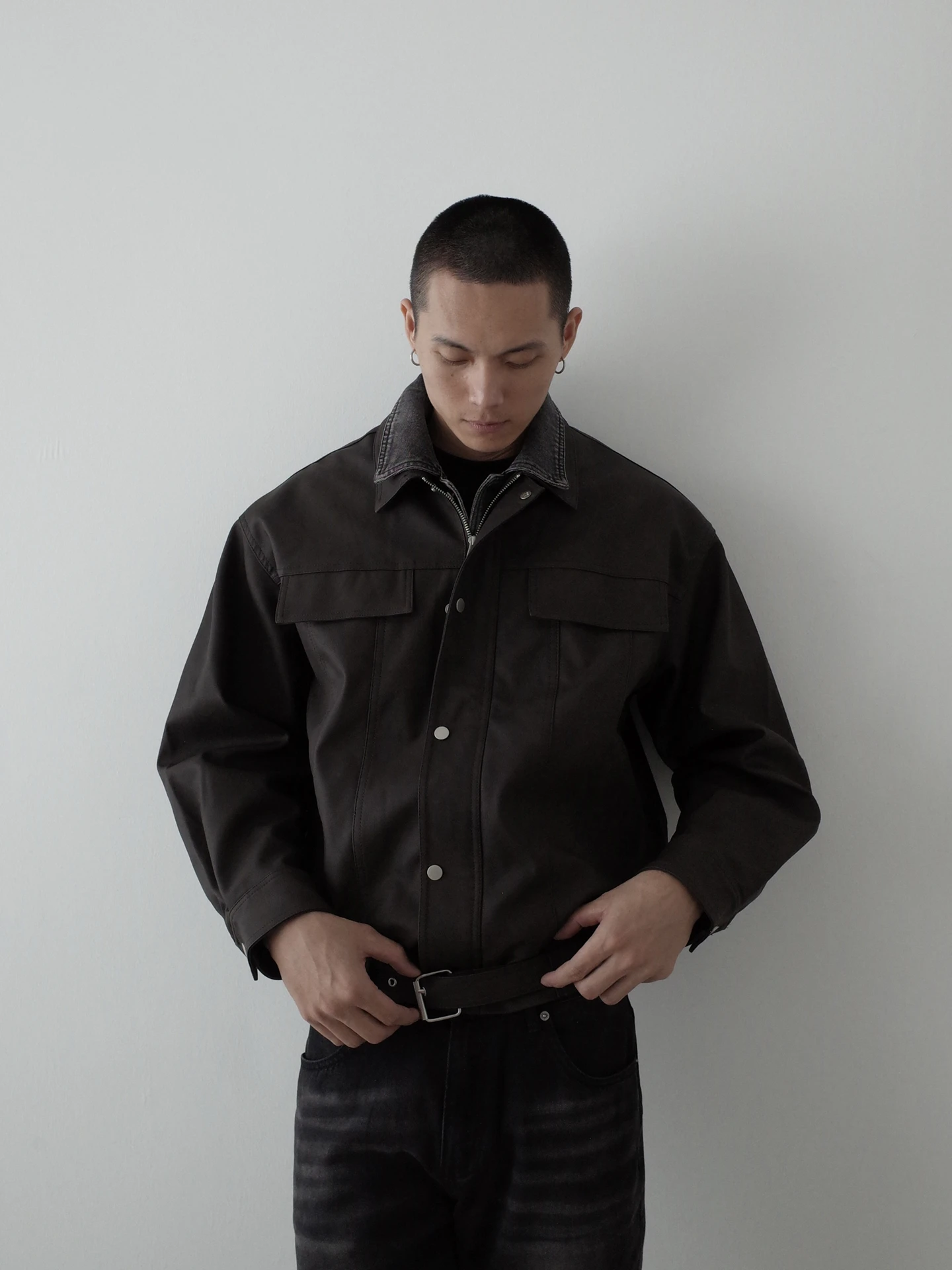 

Retro American Splice Adjustable Waist Belt Casual Jaet Men's Leather Coat ort Sle Zipper Closure Color Warmth