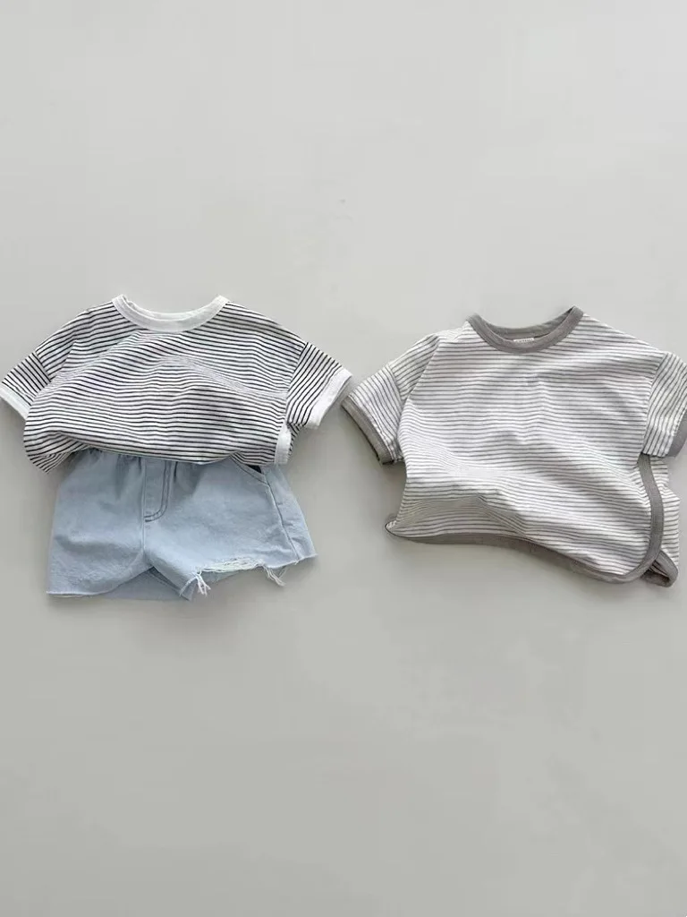 2024 Summer New Baby Short Sleeve Striped T Shirts Infant Boy Girl Fashion Versatile Cotton Tops Toddler Casual Breathable Tees