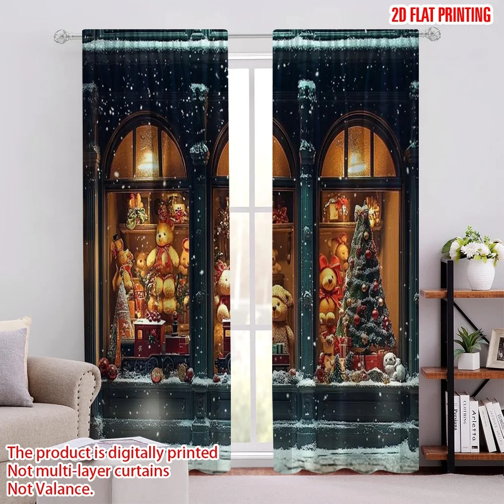 

2pcs 2D flat printing Merry Christmas Popular Window Curtains Vintage Train Versatile Fabric Without Electricity Family Party