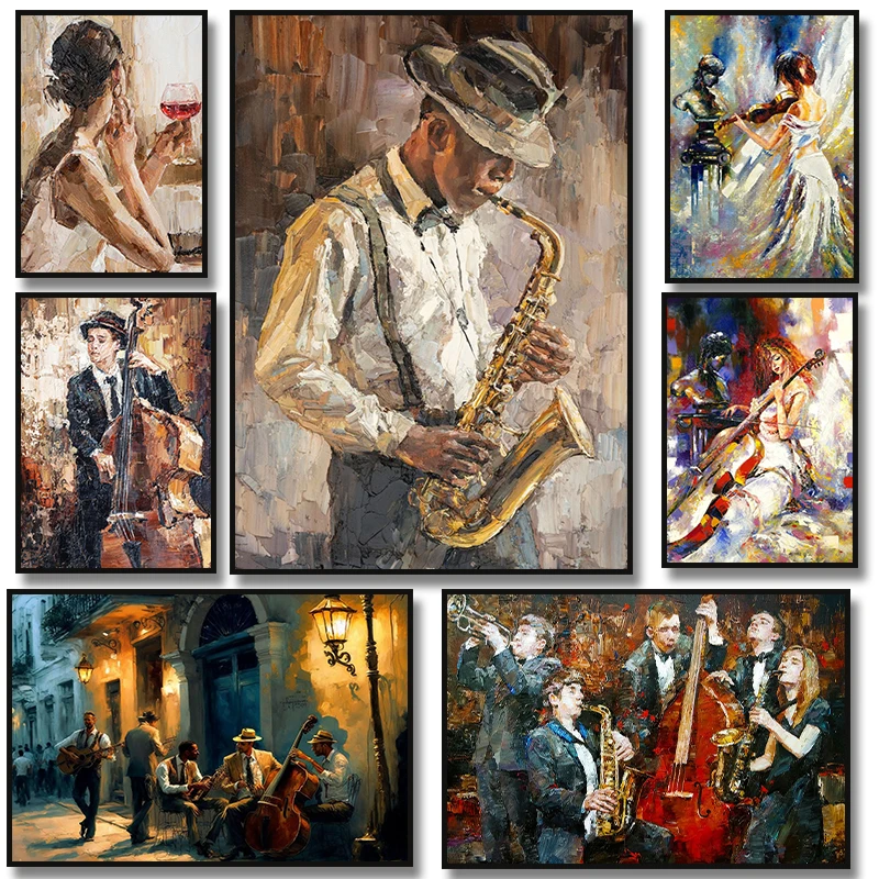 Music Jazz Saxophone Violin Cello Guitar Piano Vintage Art Posters Canvas Oil Painting Wall Prints Pictures for Room Home Decor