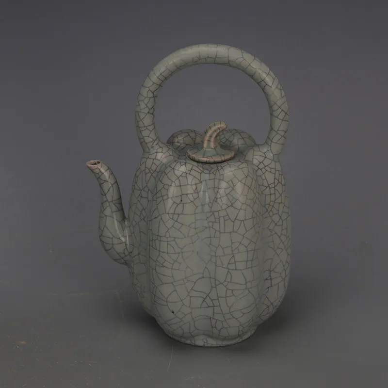 Song Dynasty Celadon Glaze Crackle Qingliang Pumpkin Teapot Spur Firing Handmade Reproduction Porcelain Tea Decor Collectible