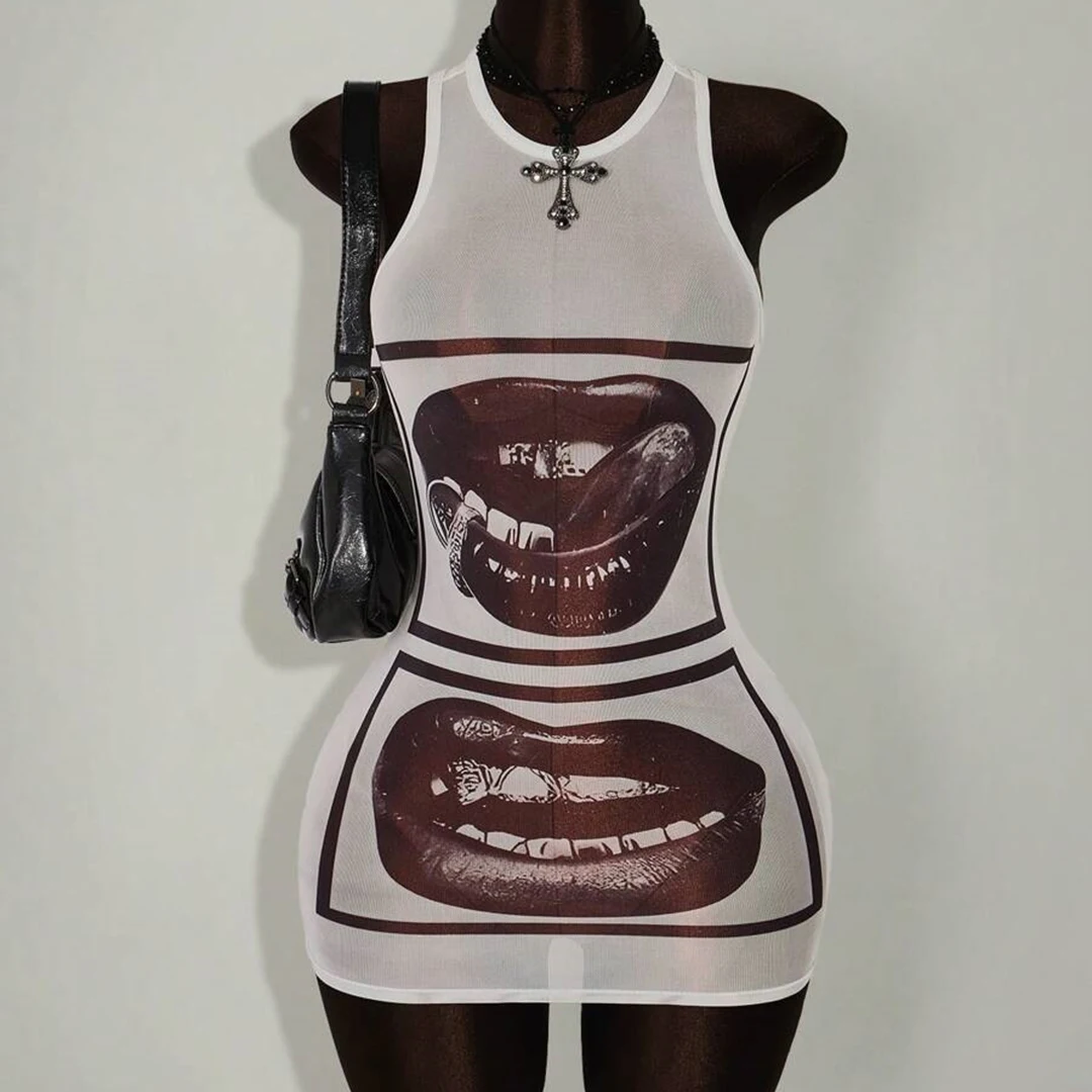 Ladies' Summer Tight Mini Dress with Sleeveless Lip Print, Lightweight and Casual Summer Dress