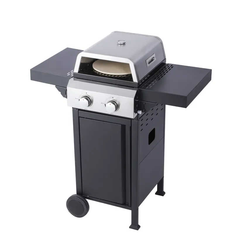 Portable 2-Burner Stainless Steel Propane BBQ Grill Pizza Oven Trolley Non-Stick Grilling Surface Folding Feature Modern