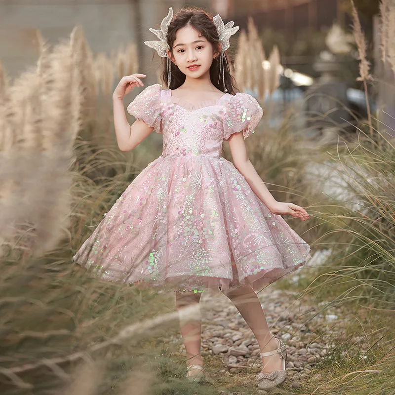 Girls' Host Light Luxury Niche High-end Princess Short Children's Pink Flower Girl Piano Performance Dress