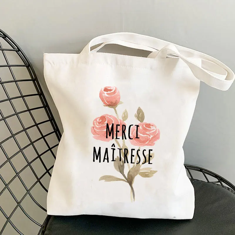 Merci-Bolso de compras de lona con estampado francés para mujer, bolsa de hombro con estampado de profesor, estilo Harajuku, ideal para regalo