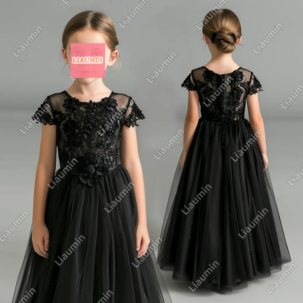 

Hand Made Black Flower Girl Dresses Short Sleeve Tulle Princess Lace Applique First Communion Formal Pageant SKirt Kids W17-4.7