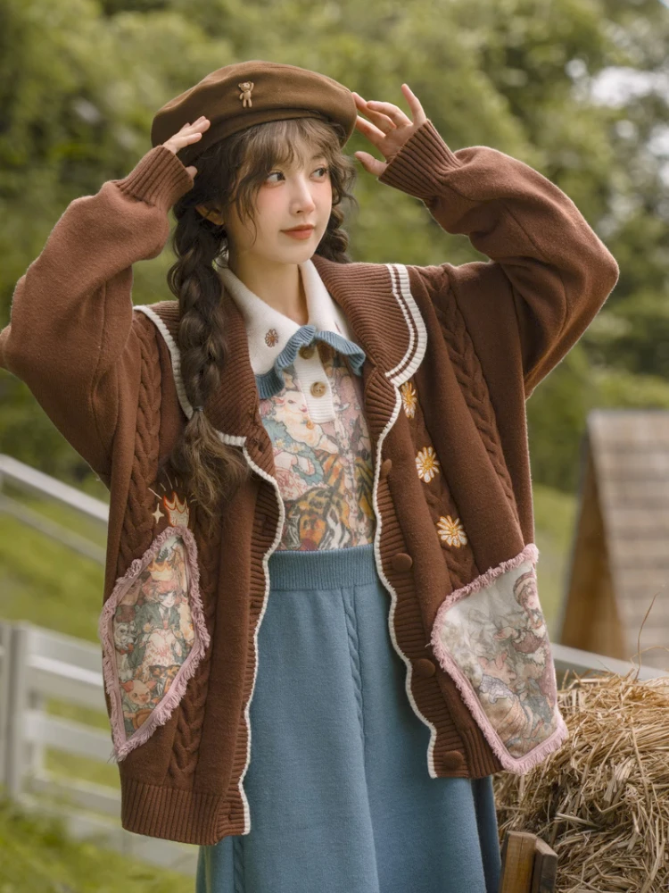 

2025 New Streetwear Vintage Print Women Sweaters Autumn Winter French Style Sweet Fashion Cardigans Girls Elegant Sueteres Mujer