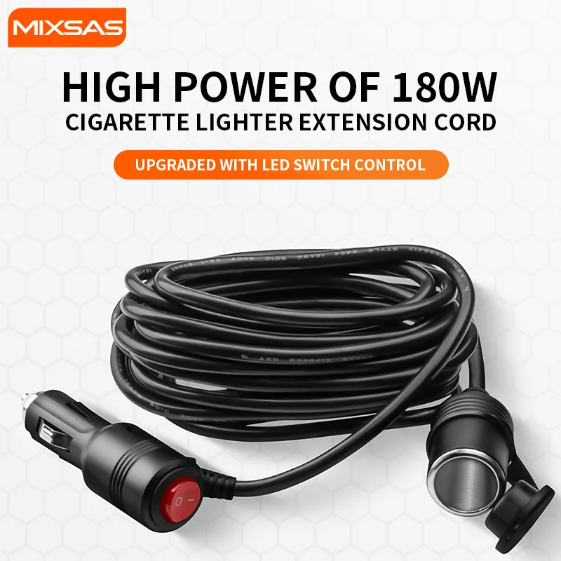 MIXSAS Car Cigar Lighter Plug with LED Switch Fuse 12V 24V Exension Code Cable 0.6/1.5/3/4/5M Charger Power Adapter Waterproof