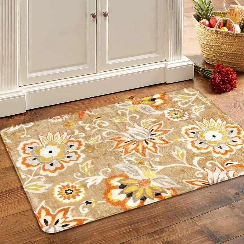 Retro Ethnic Decorative Doormat Light Yellow Base Large Blooming Floral Leaves Bohemian Pattern Rectangular Entrance Mat Rug