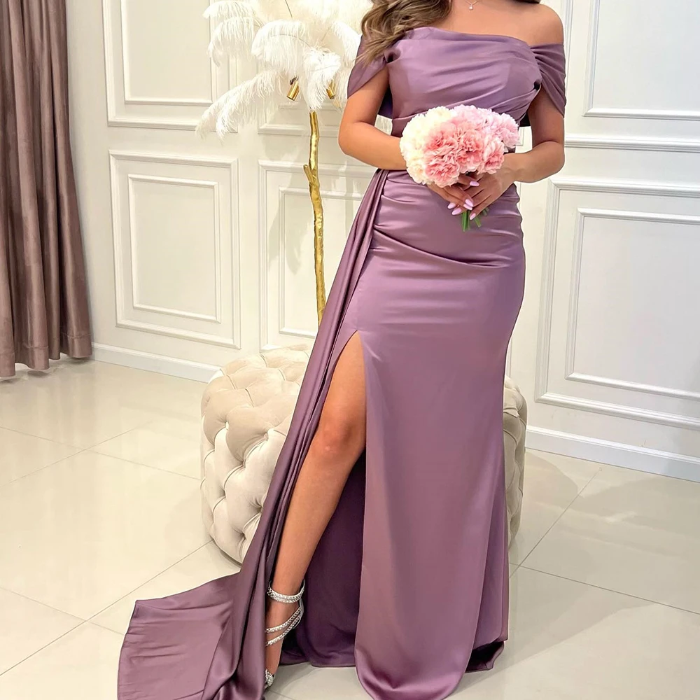 

Customized High Quality Pleat Boat Neck Floor Length Side Slit Evening Dress Straight Satin Off The ShoulderVestidos Para Mujer