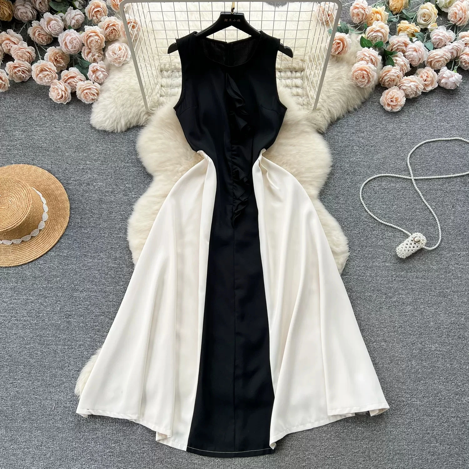 

Women's Advanced Contrast Color Match Receive Waist Slimming Sweet RuffledTemperament Medium Long Vest Dress