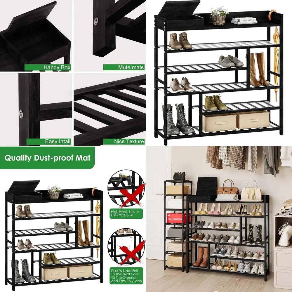 

Space-saving 6-Tier Bamboo Shoe Organizer with Dust Pads, Boot Rack, and Storage Box for Entryway or Closet (Black)