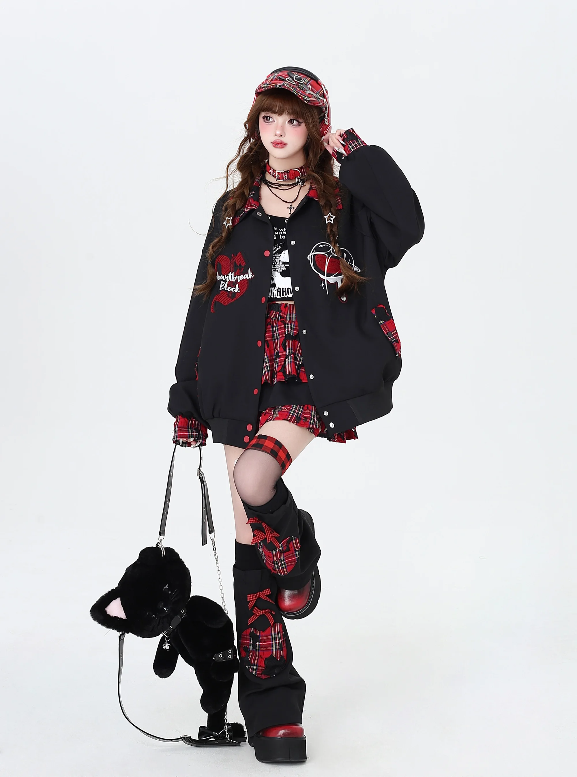 Subculture Black and Purple Embroidered Patchwork Color-Block Heart Baseball Jacket for Women PU Leather Long Sleeve Jackets