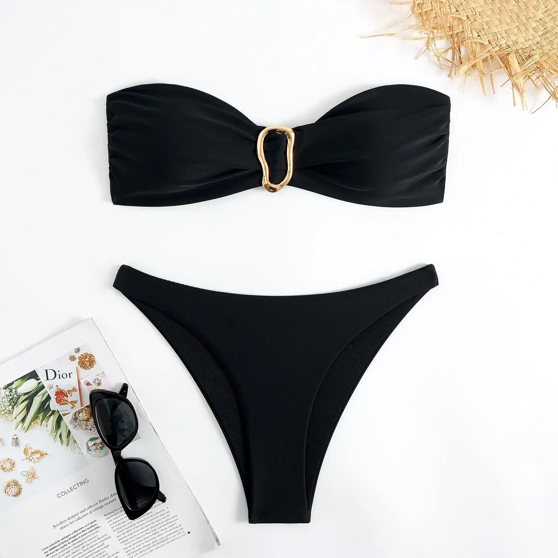 

Sexy Solid Black and Red Bandeau Bikinis Sets Two Pieces Metal High Waist Thong Swimsuit Bathing Suit Swimwear Biquini Bakini