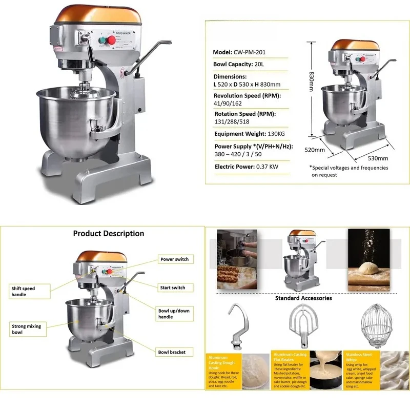 20L Electric Planetary Mixer with 3 Speed Levels and Emergency Stop Button for Professional Bakeries