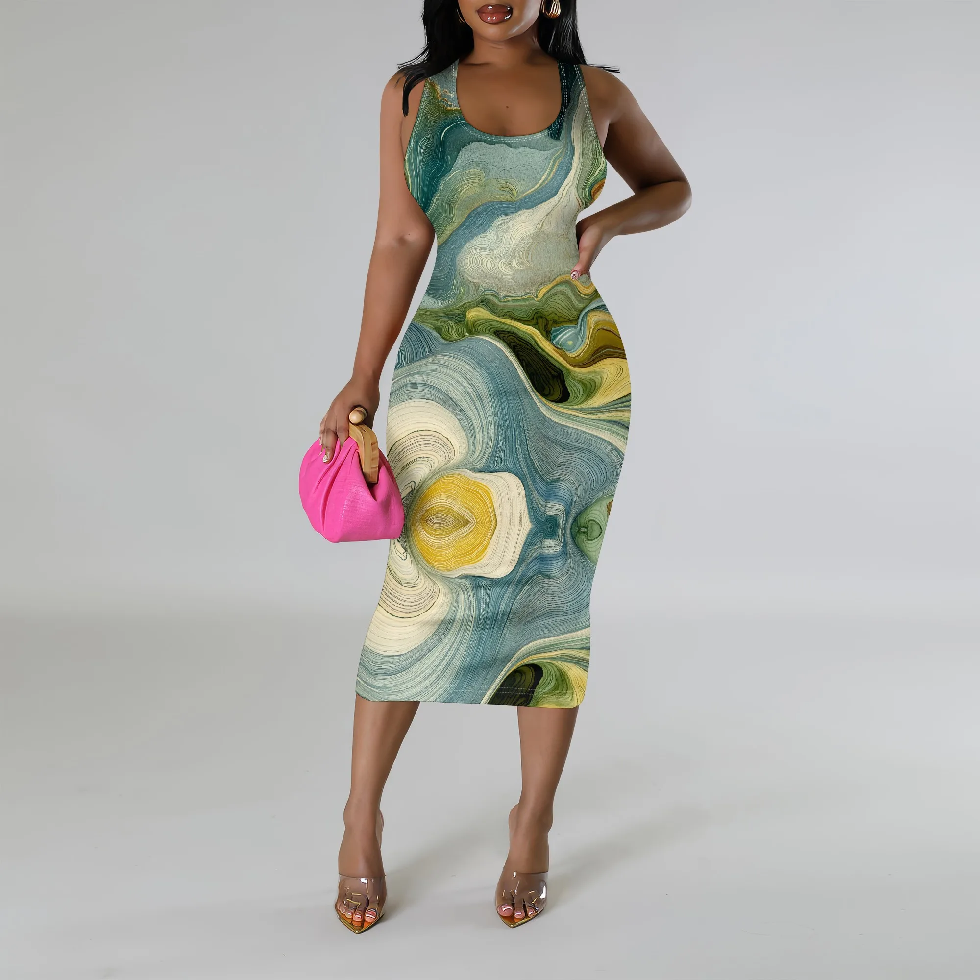 

Green Yellow Marble Print Midi Dress XS‑3XL Sleeveless Bodycon Style for Art Streetwear, Beach or Summer Casual Look