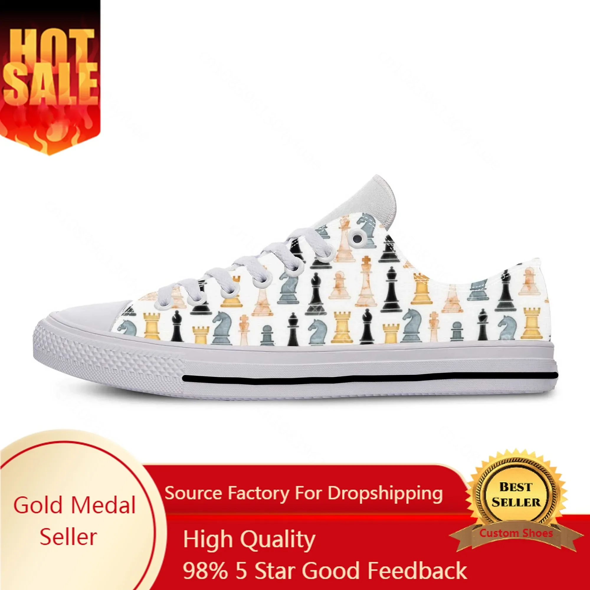 

Hot Checkmate Chess Pieces Board Pattern Aesthetic Casual Cloth Shoes Low Top Comfortable Breathable 3D Print Men Women Sneakers