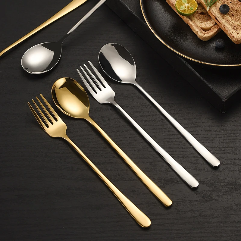 2pcs Stainless Steel Golden Silver Fork Spoon Fork Spoon Heat-Insulated Long Handle Stirring Dessert Spoons Kitchen Gadgets
