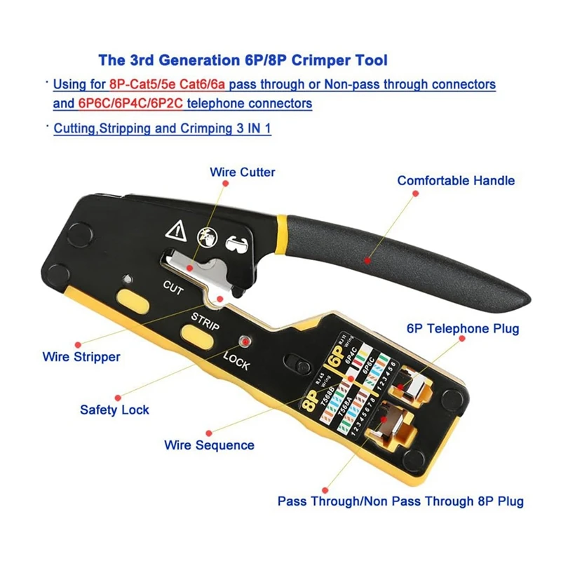 RJ45 Crimp Tool Kit Pass Through Crimper RJ45 Crimping Tool Stripper Cutter Crimper For 8P RJ45 Cat5 Cat5e Cat6 Cat6a Durable