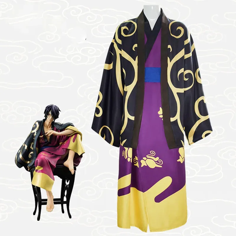 Anime GinTama Costume Shinsuke Takasugi Cosplay Uniform Kimono Cloak Wig Set Halloween Party for Woman Men eo]5