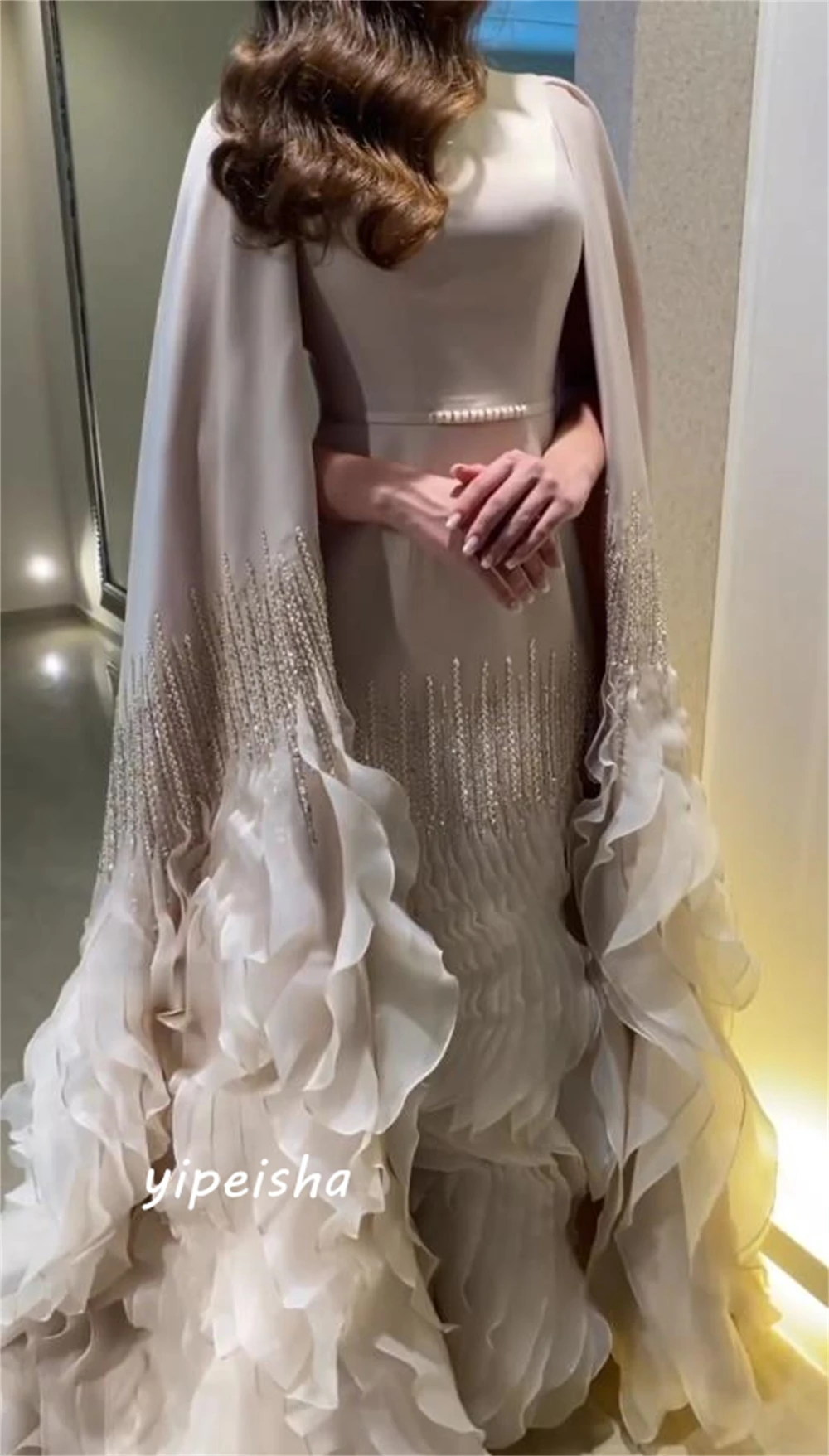 Customized  Jersey Beading Draped Pleat Celebrity A-line O-Neck Bespoke Occasion Gown Long Dresses