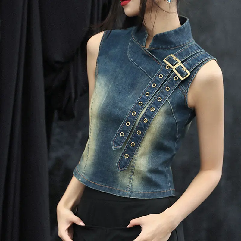 

Women's Denim Top, New Retro Summer 2025, Stand-up Collar, Versatile Waist-cinching Short Vest T-shirt