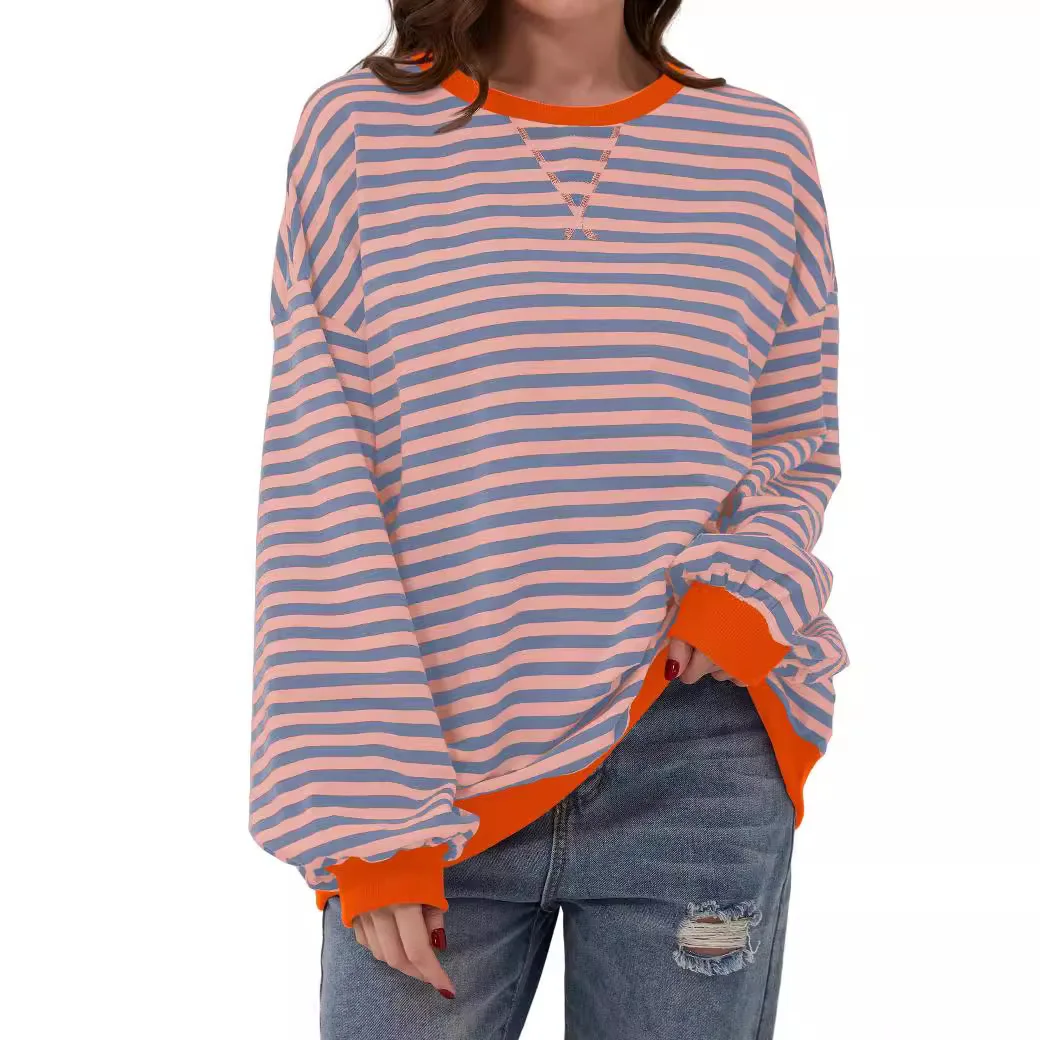 Europe and The United States Women's 2024 Autumn and Winter New Striped Round Neck Color Contrast Loose Long-sleeved Hoodie