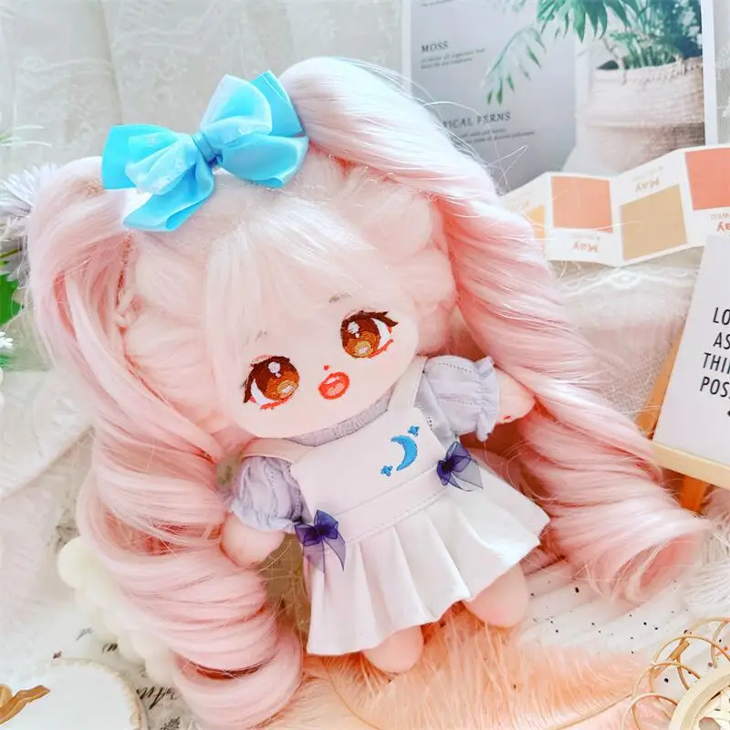 

20cm Kawaii Pink Hair Girls Plush Doll Cute Blue White Moon Dress Suit 3Pcs DIY Clothes Accessory Anime Stuffed Cotton Dolls Toy