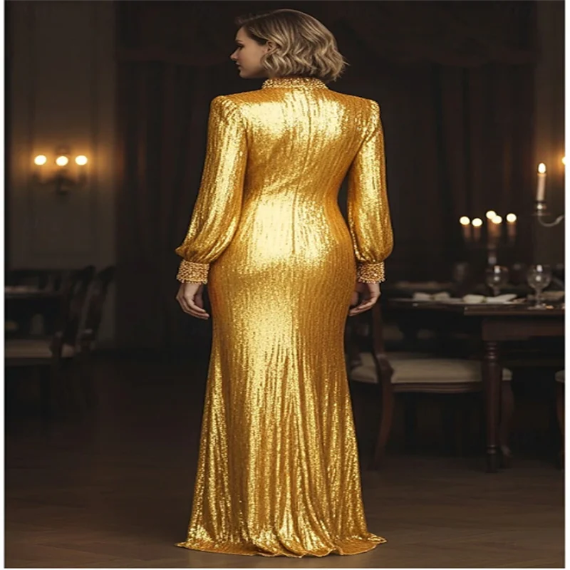 Column Mother of the Bridal Desses Formal Evening Gown Elegant Vintage Long Sleeve High Neck Sequined with Rhinestone Crystals