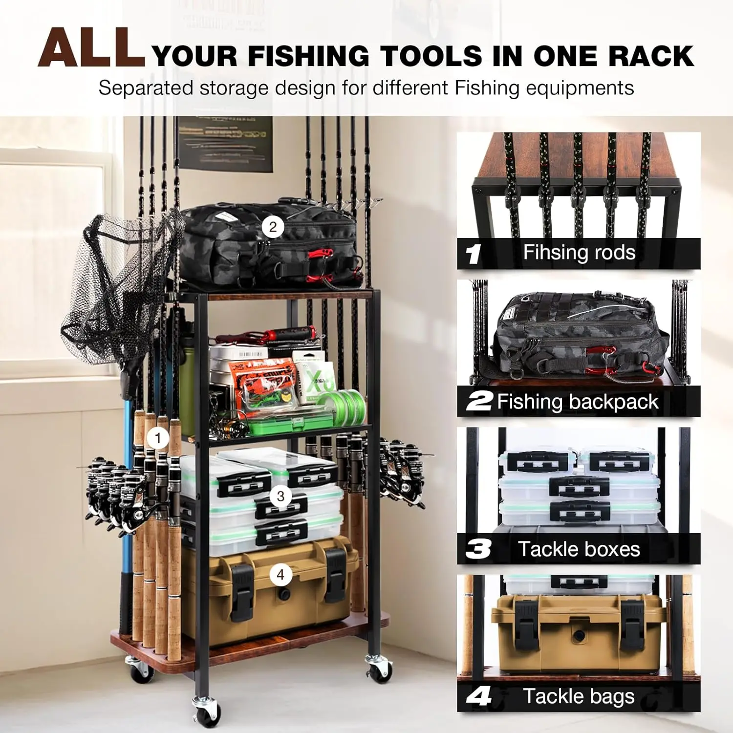 Fishing Rod Holder for Garage Storage, Holds Up to 10 Rods and Gear