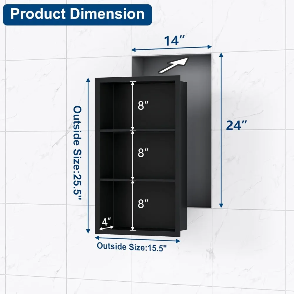 خزانة أدوية مجوفة مقاس 14 × 24 بدون مرآة، مكانة جدارية من الفولاذ المقاوم للصدأ 304 مع أرفف من 3 طبقات، أسود غير لامع للحمام الصغير