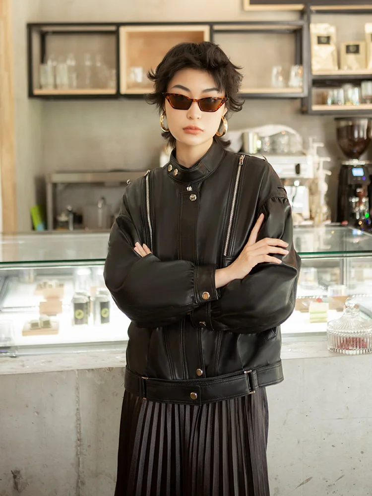 Dames Eapenvacht Leer Jaet Rits Opstaande Kraag Loose Fit Ort Sle Faionable Streetwear Lente 2025