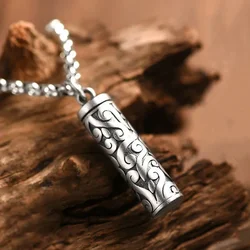 925 Silver Hollowed Out Pendant Can Be Opened Patterned Cylindrical Necklace for Men and Women's Vintage Ethnic Style Jewelry