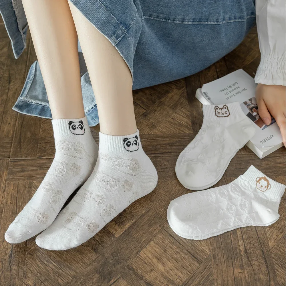 6 Pairs Cute Cartoon Sports Socks Women High Quality Panda Ankle Socks Embroidery Kawaii No-show Invisible Socks